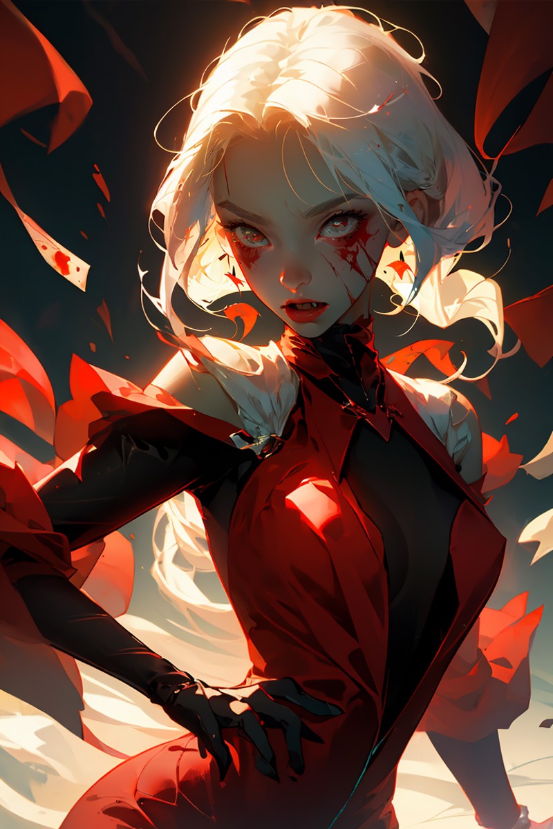 (best quality, masterpiece), 1girl, blood splatter, red light, upper body, suit, looking at viewer, vampire, fang, pose